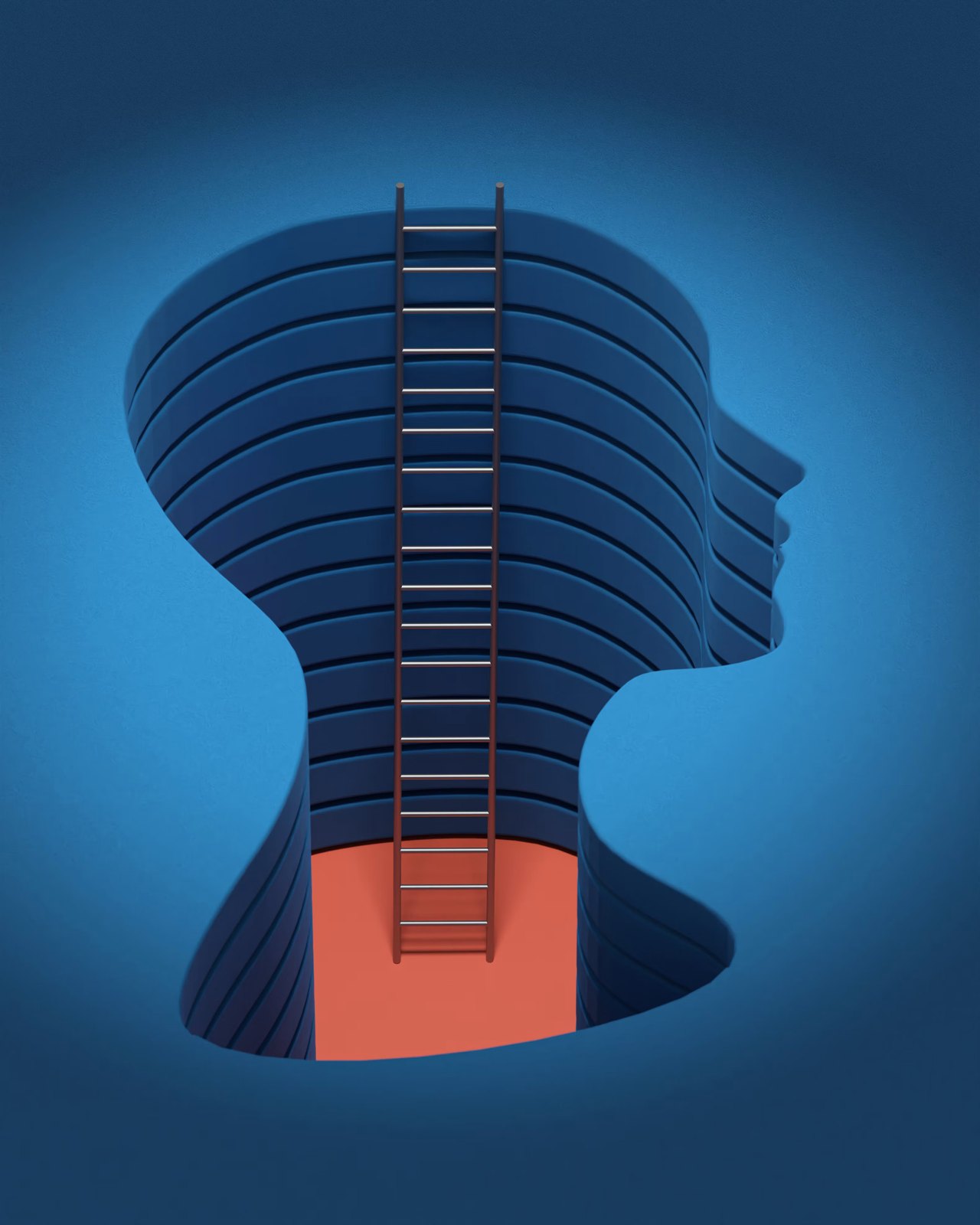 A profile of a head with a ladder climbing up out of it